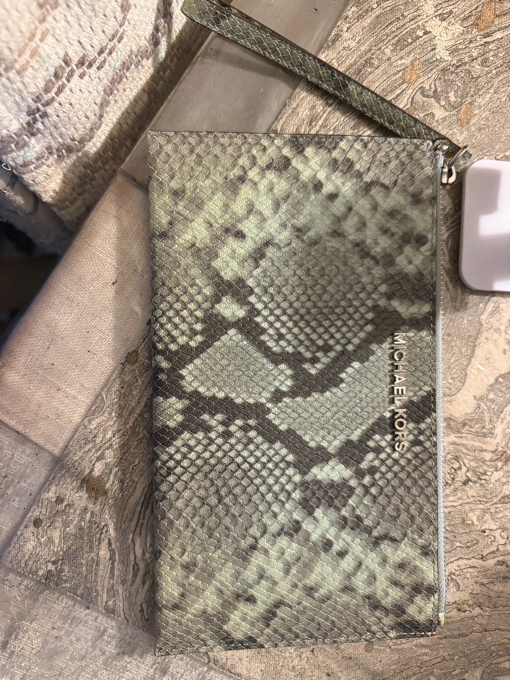 Michael Kors Green Snake-Print Wristlet Clutch with Gold Logo